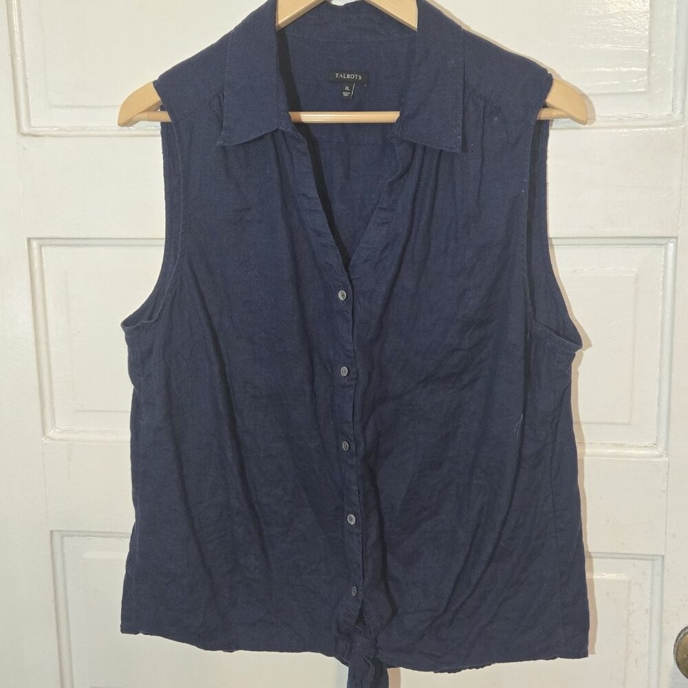 Talbots Sz XL 100% Linen Button Up Sleeveless Solid Blue Pointed Collar